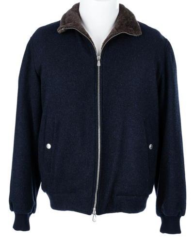 Pre-owned Brunello Cucinelli $7595  Navy 100% Cashmere Shearling Fur Bomber Jacket Large In Blue