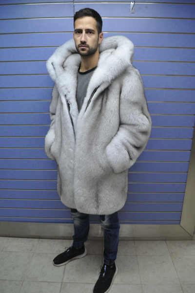 Pre-owned Fox Luxury Full Skin "blue"  Fur Mens Coat Real Fur White Skin To Skin  Hood