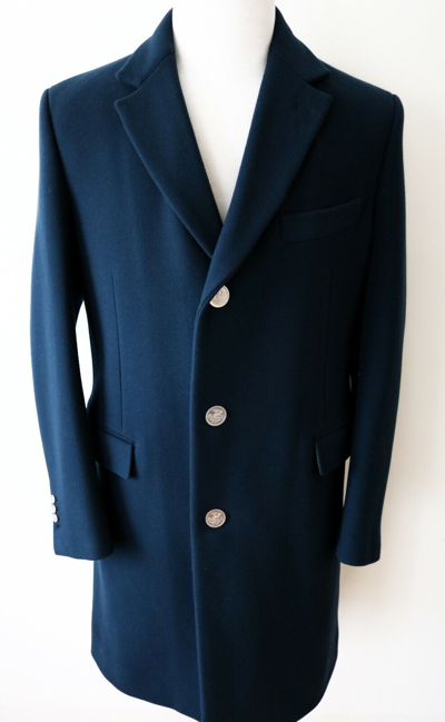 Pre-owned Hermes Navy Blue Super 180s Thick Wool Coat Overcoat Topcoat Size 54 Euro