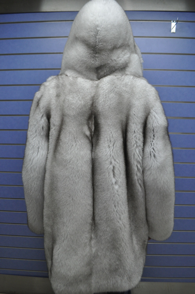 Pre-owned Fox Luxury Full Skin "blue"  Fur Mens Coat Real Fur White Skin To Skin  Hood