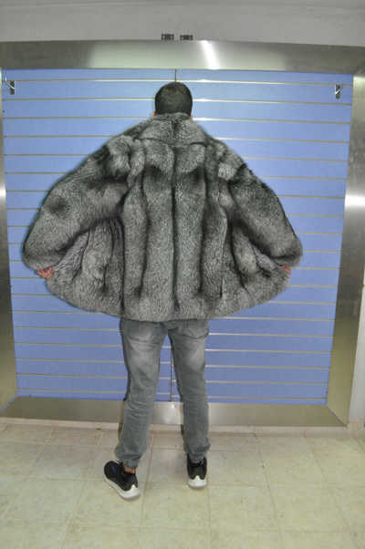 Pre-owned Fox Luxury Full Skin Frost  Fur Mens Coat Real Fur Jacket Skin To Skin Frost  In Silver