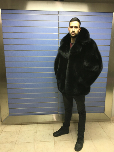 Pre-owned Fox Luxury Full Skin Black  Fur Mens Coat Real Fur Jacket Big Collar Black