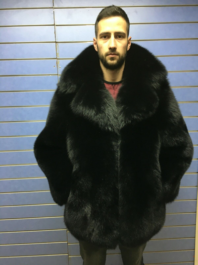 Pre-owned Fox Luxury Full Skin Black  Fur Mens Coat Real Fur Jacket Big Collar Black