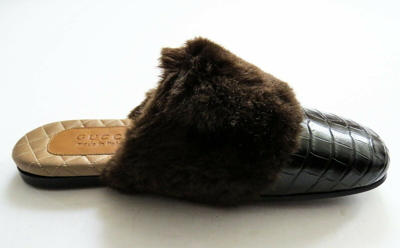 Pre-owned Gucci Black Crocodile Alligator Leather Fur Slippers Slides 8 8.5 Us 41.5 Euro