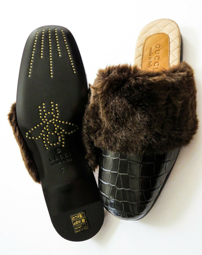 Pre-owned Gucci Black Crocodile Alligator Leather Fur Slippers Slides 8 8.5 Us 41.5 Euro
