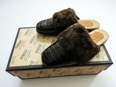 Pre-owned Gucci Black Crocodile Alligator Leather Fur Slippers Slides 8 8.5 Us 41.5 Euro