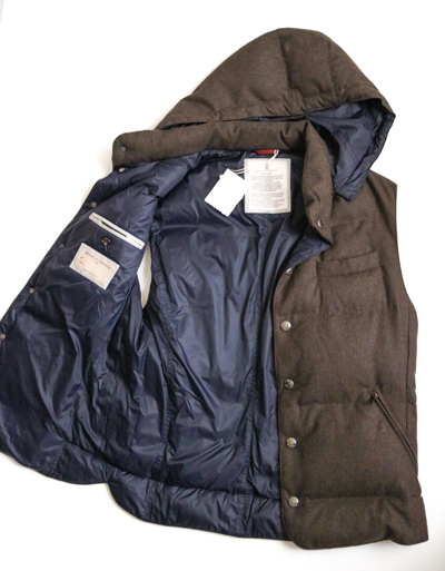 Pre-owned Brunello Cucinelli Gray 100% Cashmere Hooded Goose Down Vest Gilet 54 Euro Xl In Brown