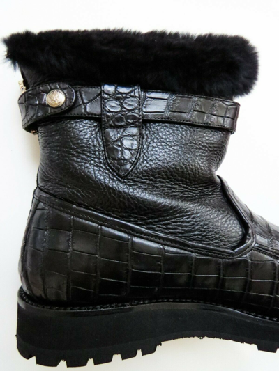 Pre-owned Stefano Ricci Black Crocodile Leather Mink Fur Boots Shoes 12 Us 45 Euro 11 Uk