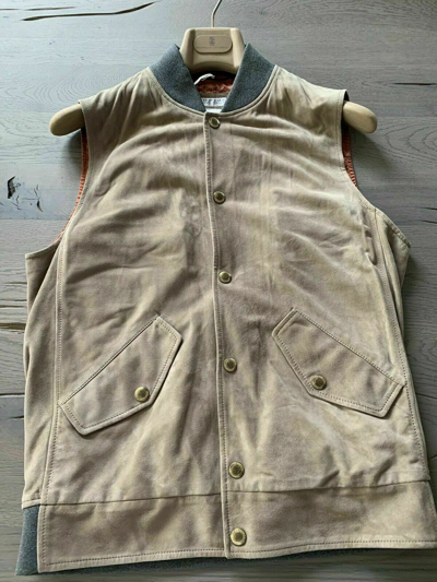 Pre-owned Brunello Cucinelli Suede Velour Leather Vest Sweat Jacket M In Brown Sand