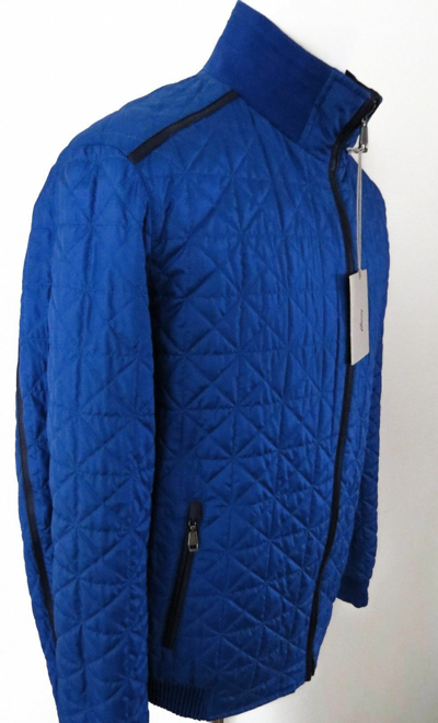 Pre-owned Brioni $3675  Blue Quilted Reversible Silk Jacket Bomber Leather Trim Size Large