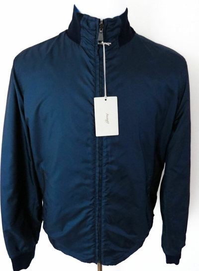 Pre-owned Brioni $3675  Blue Quilted Reversible Silk Jacket Bomber Leather Trim Size Large