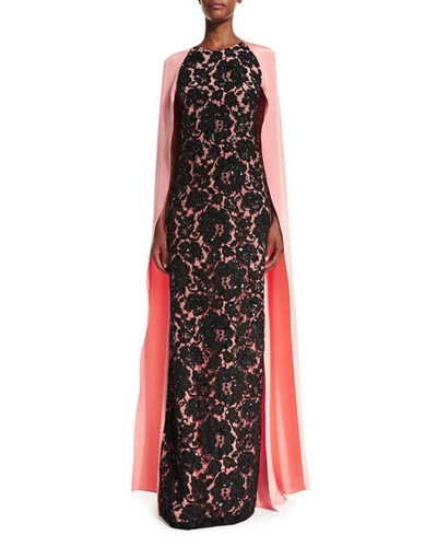 Pre-owned Oscar De La Renta $5190  Peach Black Lace Embroidery Cape Caftan Gown Xs S In Peach, Black