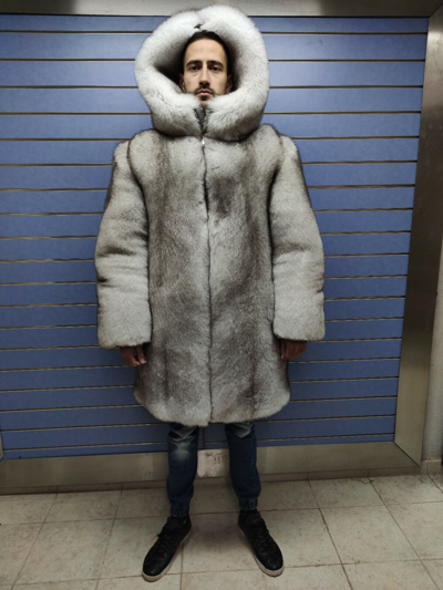 Pre-owned Fox Luxury Full Skin Doublesided Blue  Fur Mens Coat Real Fur White  Zip Hood