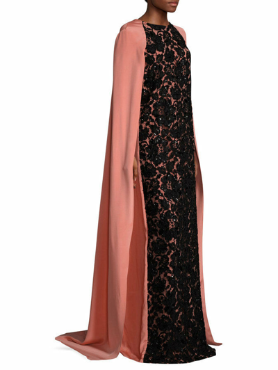 Pre-owned Oscar De La Renta $5190  Peach Black Lace Embroidery Cape Caftan Gown Xs S In Peach, Black