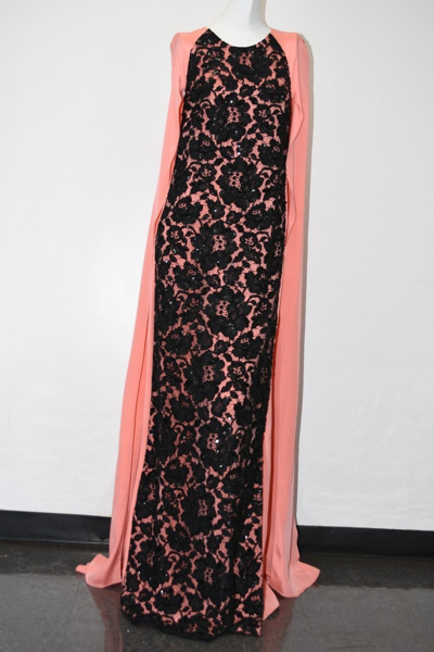 Pre-owned Oscar De La Renta $5190  Peach Black Lace Embroidery Cape Caftan Gown Xs S In Peach, Black