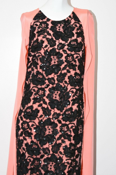 Pre-owned Oscar De La Renta $5190  Peach Black Lace Embroidery Cape Caftan Gown Xs S In Peach, Black
