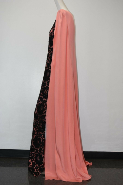 Pre-owned Oscar De La Renta $5190  Peach Black Lace Embroidery Cape Caftan Gown Xs S In Peach, Black