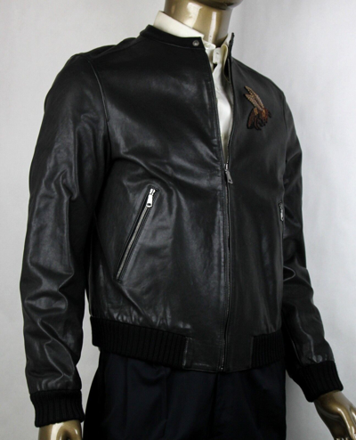 Pre-owned Gucci $4750  Men Black Washed Calf Bomber Jacket W/bee Embroidery 52r 408375 1300