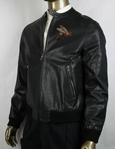 Pre-owned Gucci $4750  Men Black Washed Calf Bomber Jacket W/bee Embroidery 52r 408375 1300