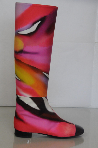 Pre-owned Chanel $1625  Black Patent Leather Pink Lilac Knee Tall Flat Boots Shoes 37.5