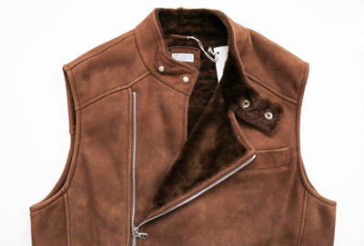 Pre-owned Brunello Cucinelli $5595  Shearling Sleeveless Jacket Vest Size Small – Medium In Brown