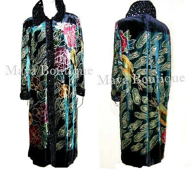 Pre-owned Maya Matazaro Opera Coat Duster Silk Velvet Black Multi Long L - Xl Wearable Art  In Multicolor