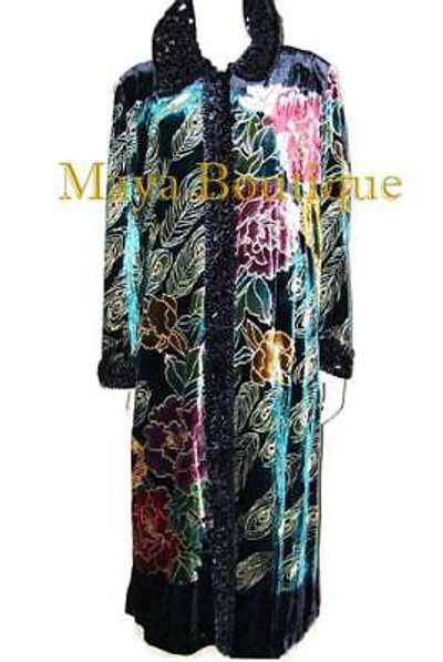 Pre-owned Maya Matazaro Opera Coat Duster Silk Velvet Black Multi Long L - Xl Wearable Art  In Multicolor