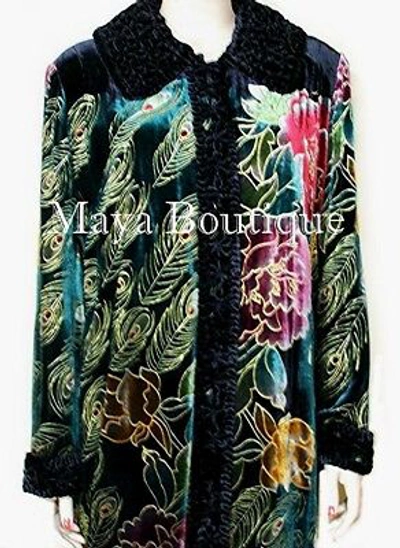 Pre-owned Maya Matazaro Opera Coat Duster Silk Velvet Black Multi Long L - Xl Wearable Art  In Multicolor