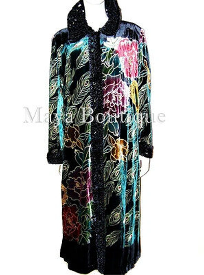 Pre-owned Maya Matazaro Opera Coat Duster Silk Velvet Black Multi Long L - Xl Wearable Art  In Multicolor