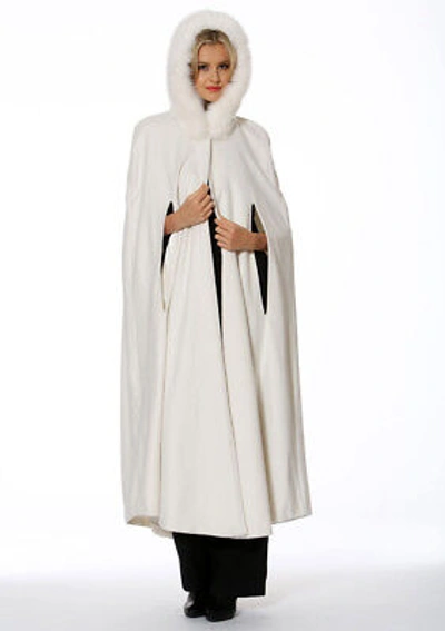 Pre-owned Madison Avenue Mall Womens Long Cashmere Opera Cape Cloak With Hood - Winter White Fox Trim 52"