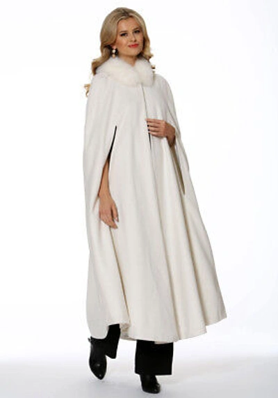 Pre-owned Madison Avenue Mall Womens Long Cashmere Opera Cape Cloak With Hood - Winter White Fox Trim 52"