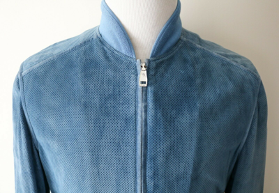 Pre-owned Brioni $6475  Blue Perforated Suede Bomber Jacket Coat Size Xs 46 Euro 36 Us