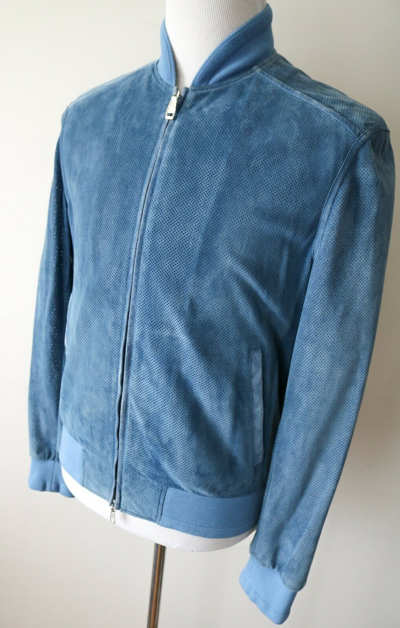 Pre-owned Brioni $6475  Blue Perforated Suede Bomber Jacket Coat Size Xs 46 Euro 36 Us