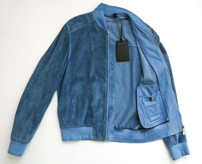 Pre-owned Brioni $6475  Blue Perforated Suede Bomber Jacket Coat Size Xs 46 Euro 36 Us