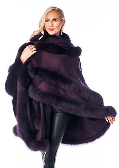 Pre-owned Double Row Real Fox Fur Trimmed Cashmere Cape Women Purple Plum Empress Style