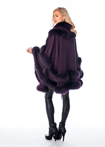 Pre-owned Double Row Real Fox Fur Trimmed Cashmere Cape Women Purple Plum Empress Style