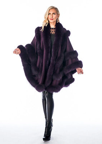Pre-owned Double Row Real Fox Fur Trimmed Cashmere Cape Women Purple Plum Empress Style