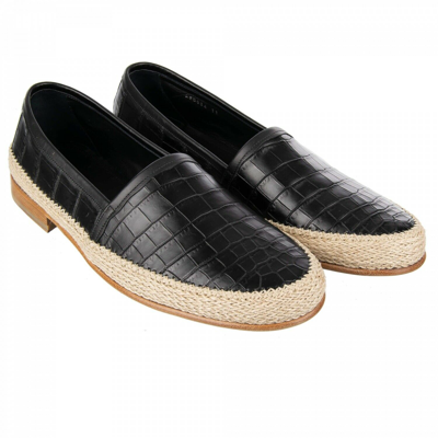 Pre-owned Dolce & Gabbana Crocodile Rope Loafer Moccasins Shoes Pianosa Black Beige 09512