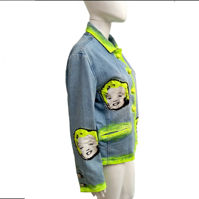 Pre-owned Amira Di Transilvania Woman Jacket Casual Spring Original Pop Art Jeans Graffity Diva Marilyn Monroe 1 In Blue