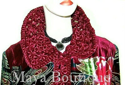 Pre-owned Maya Matazaro Silk Velvet Opera Coat Duster Red Multi Peacock Design Wearable Art Long 2x / 3x