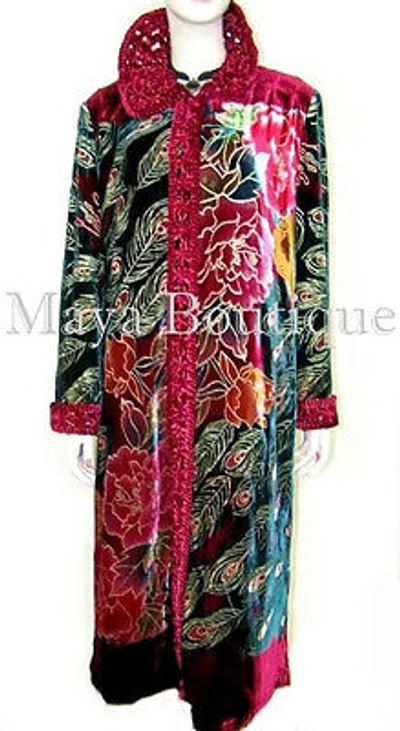Pre-owned Maya Matazaro Silk Velvet Opera Coat Duster Red Multi Peacock Design Wearable Art Long 2x / 3x
