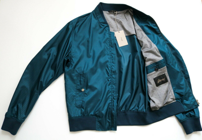 Pre-owned Brioni $3950  Teal Thin Lightweight 100% Silk Bomber Jacket Coat Size Large In Blue