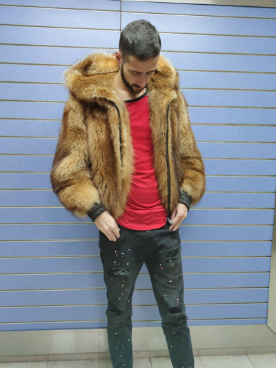 Pre-owned Fenzo Furs Luxury Full Skin Red Raccoon Fur Mens Bomber Real Fur Full Skin To Skin Hood