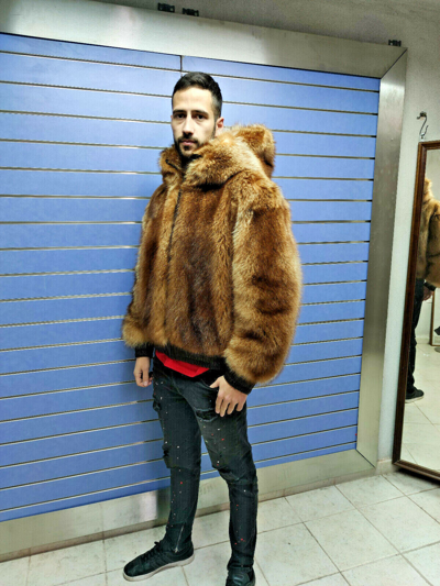 Pre-owned Fenzo Furs Luxury Full Skin Red Raccoon Fur Mens Bomber Real Fur Full Skin To Skin Hood