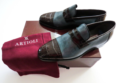 Pre-owned Artioli $3500  Two Tone Crocodile Leather Loafers Shoes 11.5 Us 44.5 Euro 10.5 Uk In Multicolor