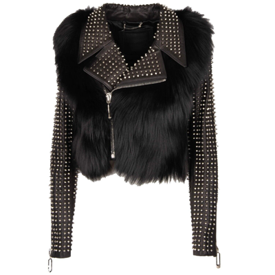 Pre-owned Philipp Plein Couture Studded Fox Fur Nappa Leather Jacket Monday  Black 09837 | ModeSens