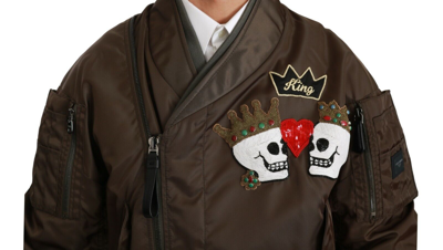 Pre-owned Dolce & Gabbana Jacket Brown Beaded Crown Skull Logo Eu50 / Us40 / Xl Rrp $3500