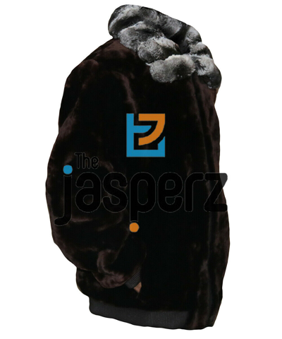 Pre-owned The Jasperz Real Sheared Mink Fur Dark Brown Coat Bomber Style Genuine Chinchilla Fur Collar