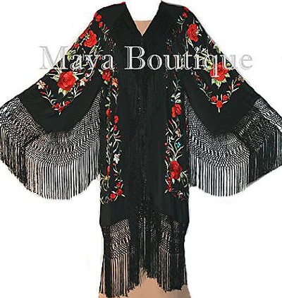 Pre-owned Maya Matazaro Embroidered Silk Opera Coat Kimono Flamenco Jacket Red Roses Black
