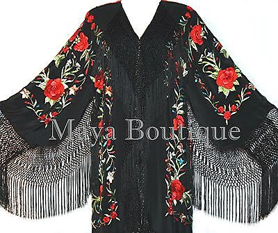 Pre-owned Maya Matazaro Embroidered Silk Opera Coat Kimono Flamenco Jacket Red Roses Black